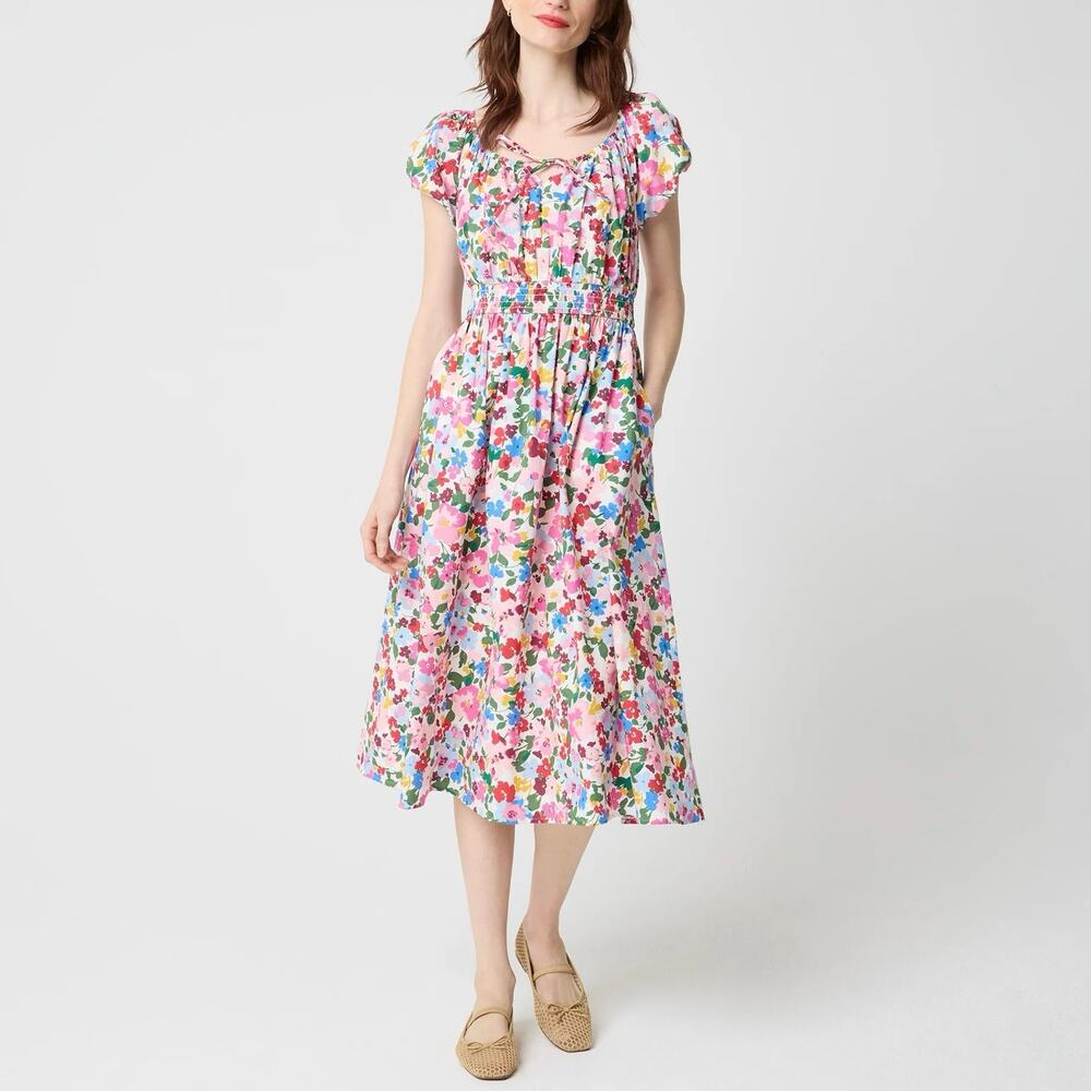 NWT J.Crew Factory Floral Smocked-Waist Midi Dress Ivory Multi Size Small Petite